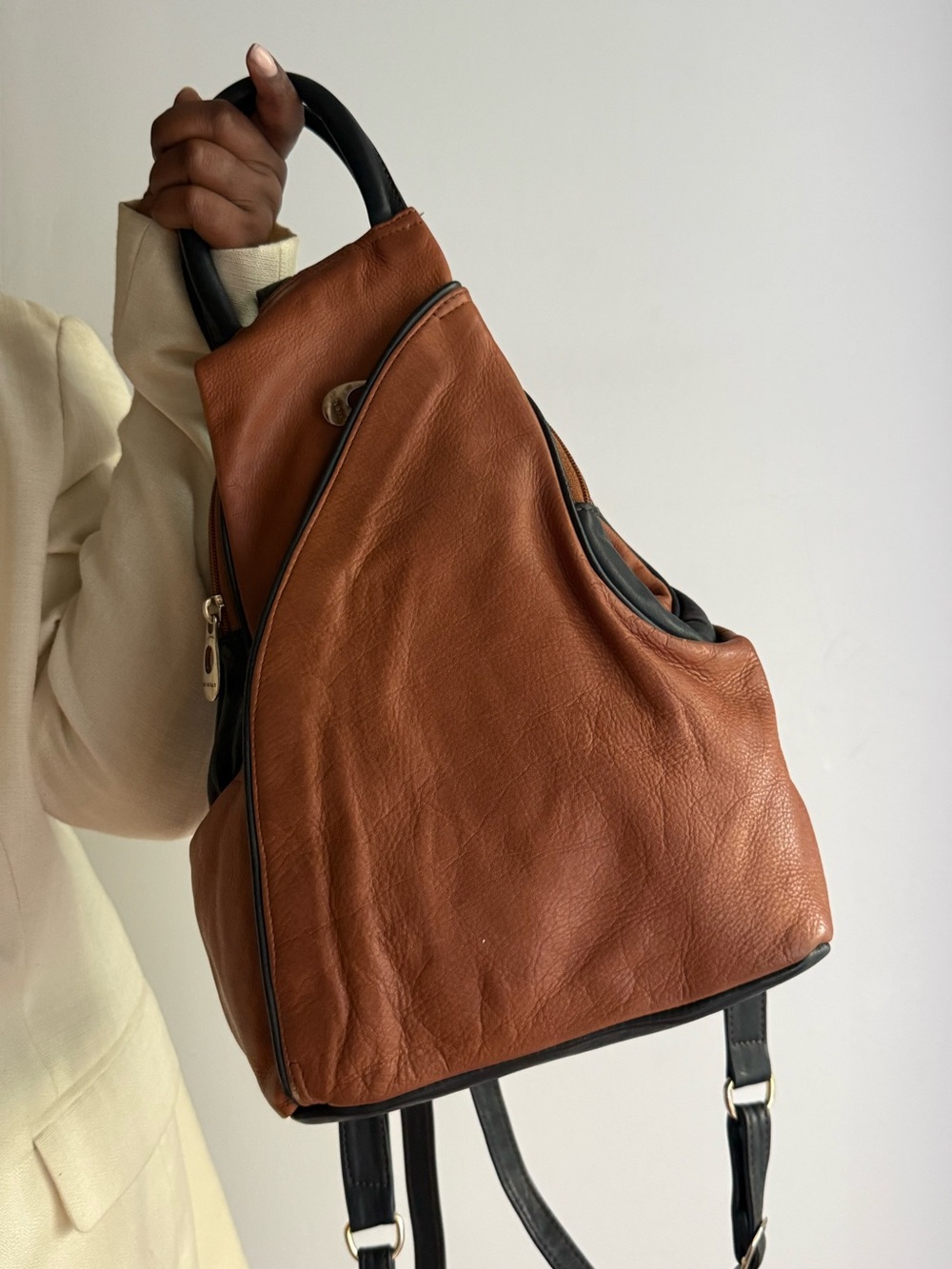 Vintage Soft Leather Backpack Purse Camel Chocolate Brown Minimalist Travel Bag